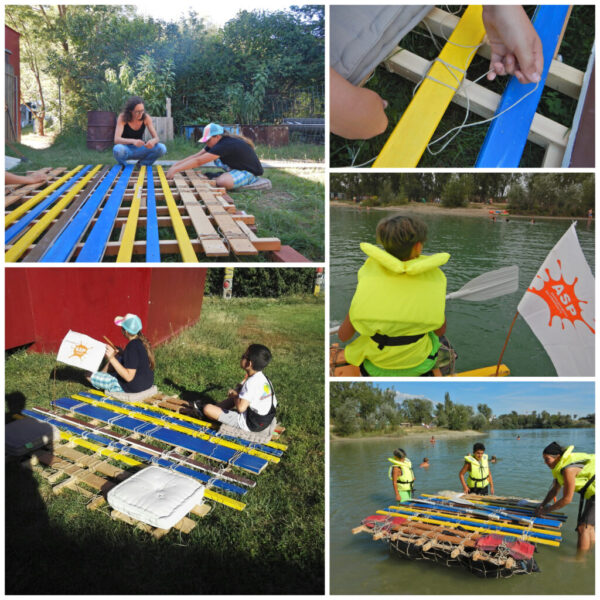 Eine Collage von mehreren Fotos zeigt wie Kinder gemeinsam ein Floß bauen und es dann auch zu Wasser lassen und damit fahren.