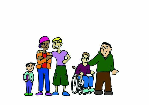 Die Illustration zeigt eine Gruppe von lächelnden Menschen teilweise mit und teilweise ohne sichtbare Behinderung, in unterschiedlichem Alter, mit unterschiedlicher Hautfarbe.