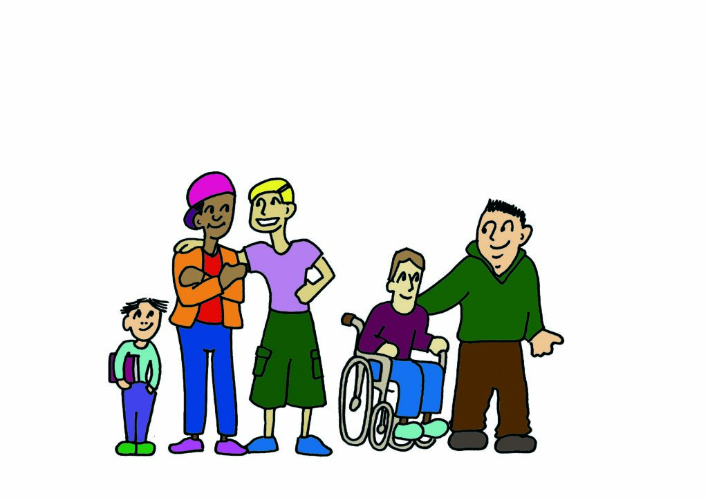 Die Illustration zeigt eine Gruppe von lächelnden Menschen teilweise mit und teilweise ohne sichtbare Behinderung, in unterschiedlichem Alter, mit unterschiedlicher Hautfarbe.