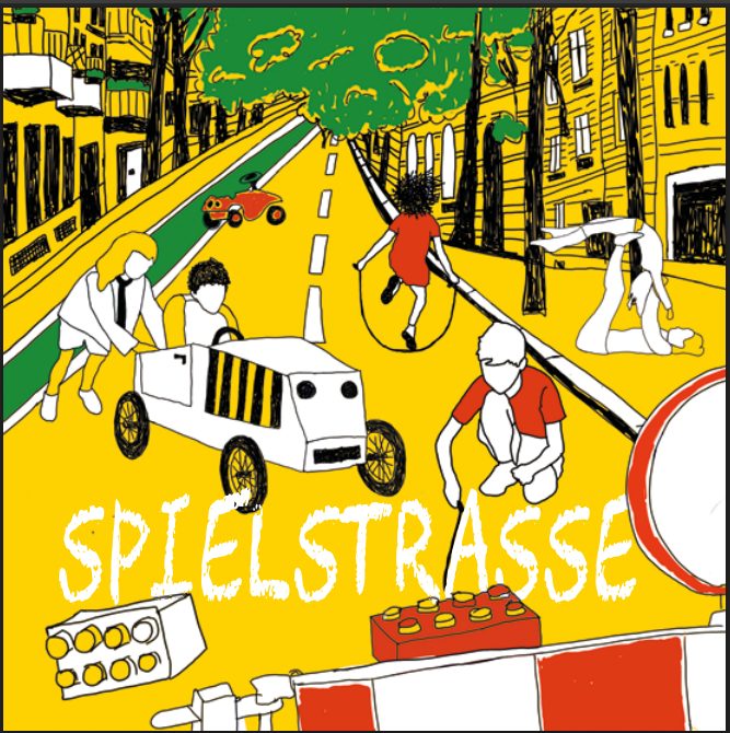 Das Bild stellt eine Grafik dar, auf Kinder zu sehen sind, die auf einer Straße verschiedene Spiel spielen.