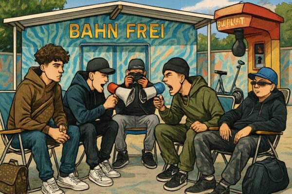 Mehrere Jugendliche sitzen in einem Halbkreis im Freien. zwei von ihnen schreien sich gegenseitig an.