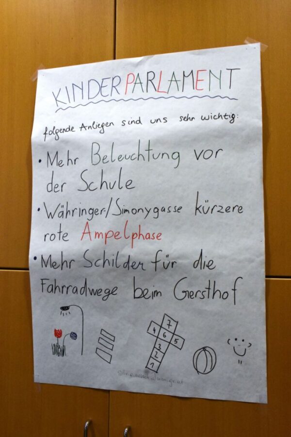 Ein Plakat mit der Überschrift „Kinderparlament“, auf dem drei Forderungen aufgelistet sind: Mehr Beleuchtung, längere Grünphasen und mehr Schilder für die Fahrradwege.