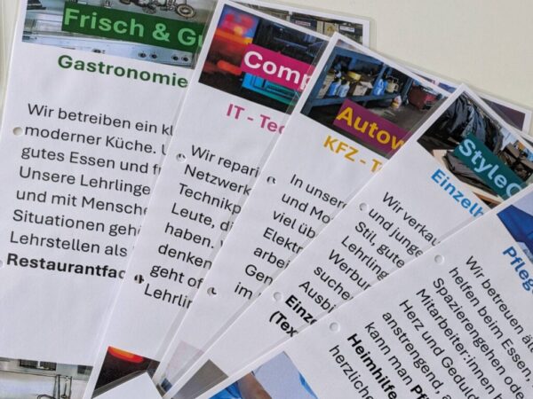 Folierte Blätter mit Texten und Bildern zu verschiedenen Arbeitsfeldern.
