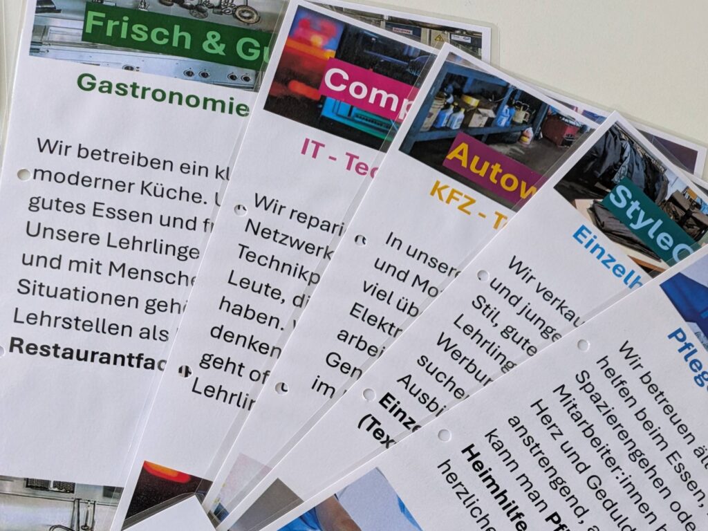 Folierte Blätter mit Texten und Bildern zu verschiedenen Arbeitsfeldern.